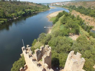 A high-angle view from the battlements of a medieval stone castle overlooking a wide river (the Tagus) with a small islet, dense green vegetation, and a distant town on the far bank; a flagpole is visible on the castle wall.