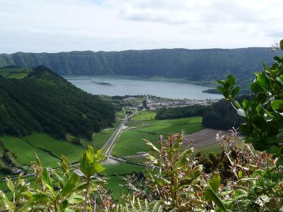 View over Sete Cidades and the Lagoa Azul crater lake on São Miguel