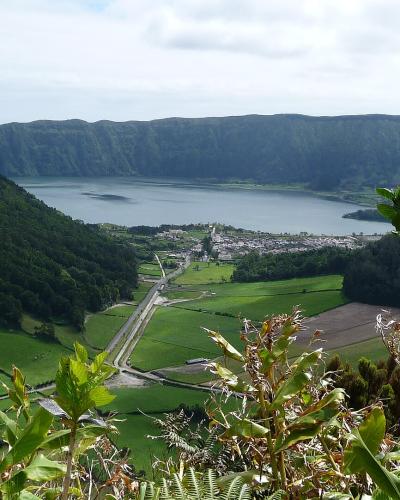 View over Sete Cidades and the Lagoa Azul crater lake on São Miguel