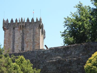 A stone medieval castle tower with crenellations and a Portuguese flag, situated behind a stone wall with a cannon, surrounded by green trees under a blue sky.