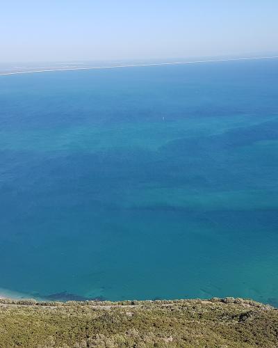 A high-angle panoramic view of a coastal bay featuring a sandy beach, turquoise water, a small rocky islet, and a distant sandbar, taken from a vegetated hillside.