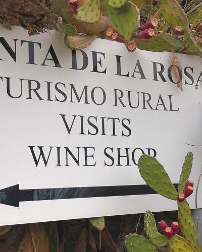 A white rectangular sign with black text reading "QUINTA DE LA ROSA", "TURISMO RURAL", "VISITS", and "WINE SHOP" with a directional arrow, surrounded by prickly pear cacti.