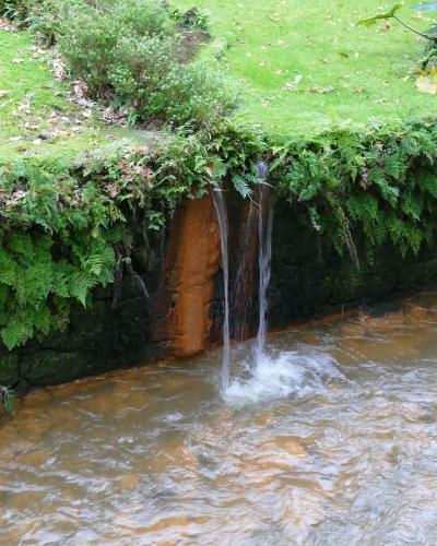 A small waterfall cascading from a mossy, fern-covered bank into a pool of reddish-brown, mineral-rich water within a lush garden setting.