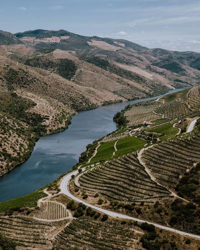 The Côa river winding through a deep valley of terraced hillsides