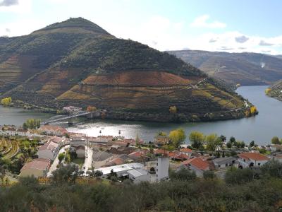 A high-angle landscape view of the village of Pinhão situated on the banks of the Douro River, featuring terraced vineyards on the hillsides and a prominent metal railway bridge crossing the water.